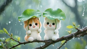 雨天撑荷叶的可爱小猫