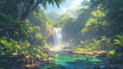 清新热带雨林瀑布流水