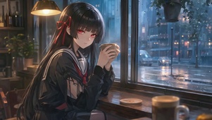 雨天咖啡馆窗边少女千咲