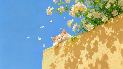 墙头鲜花猫咪