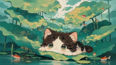 荷叶下猫咪