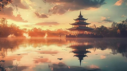 国风古塔湖畔水光倒影