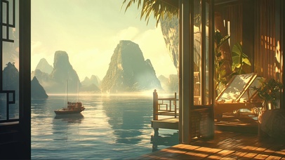 清晨日出迷雾海岛小屋