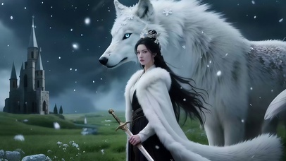 提剑狐裘披风美女和她的守护狼王