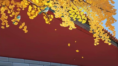 小鸟飞过红墙和银杏