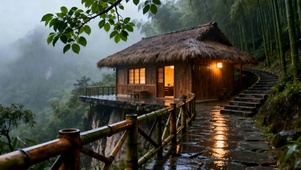 护眼雨天树木房屋