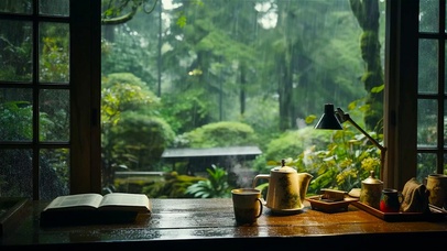 雨天木屋小院品茶