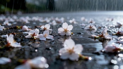 雨天落樱唯美风景