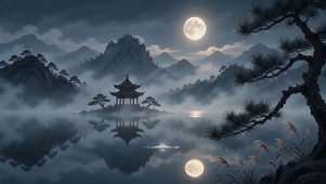 冷月照青山，薄雾入画来
