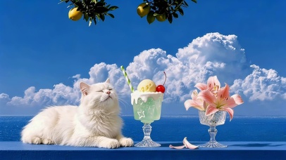 蓝天海边夏日猫咪