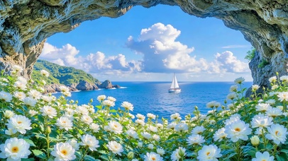 护眼蓝海白帆花田