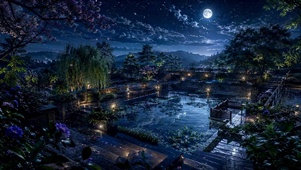 静谧月夜星空园林美景