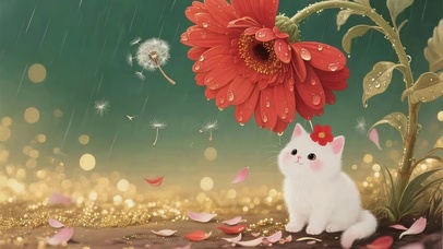 雨天鲜花猫咪