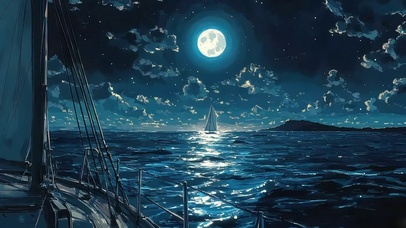 圆月蓝色星空帆船大海