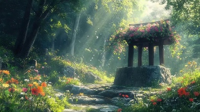 唯美阳光森林花海水井