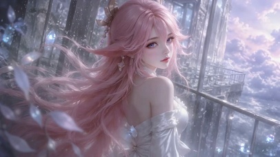 窗边粉发美女