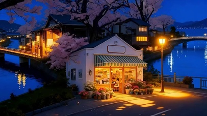 夜景海景樱花树木双屏