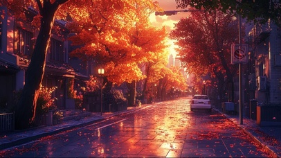 秋日红叶城市静谧街道