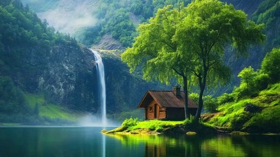 山川流水小屋美丽风景