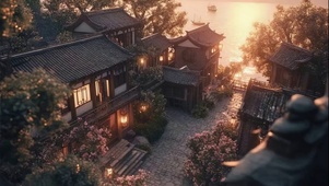 俯瞰傍晚海边古风小镇