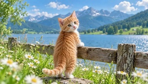 湖畔可爱橘猫治愈风景