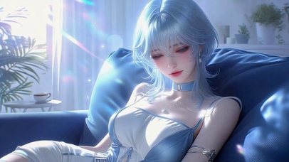 清新浅蓝发慵懒二次元美少女