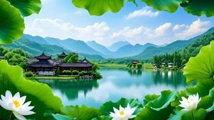 绿色护眼山水荷花