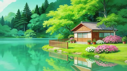 清澈湖边小木屋