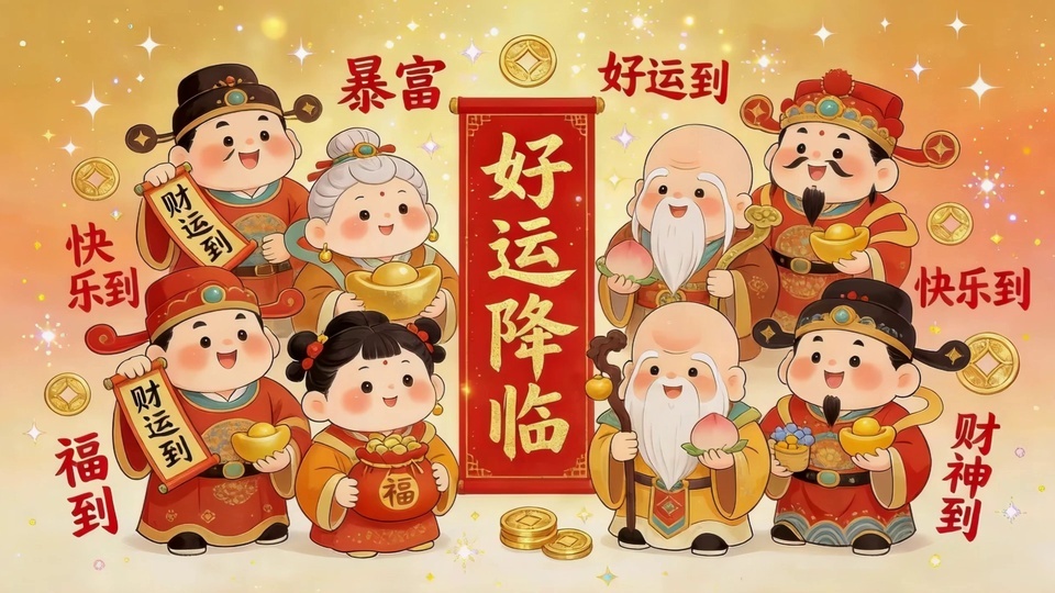 暖橙黄渐变底色上，8位Q版国风民俗卡通人物围在写有「好运降临」的红底金字竖幅两侧，手持金元宝、寿桃、如意等吉祥物件，四周散落金铜钱、星芒与红色吉祥语字块。