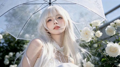 白玫瑰丛中的清纯白发美少女