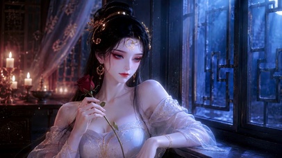 古风美人窗前持红玫瑰