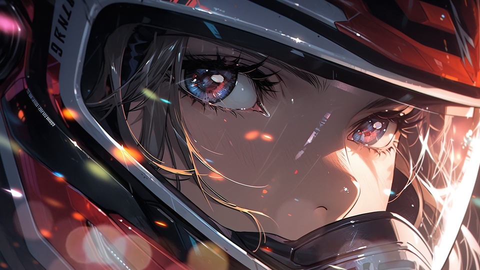 戴红黑赛车头盔的动漫少女面部特写，渐变蓝红眼眸明亮，画面点缀暖橙色散景光斑。