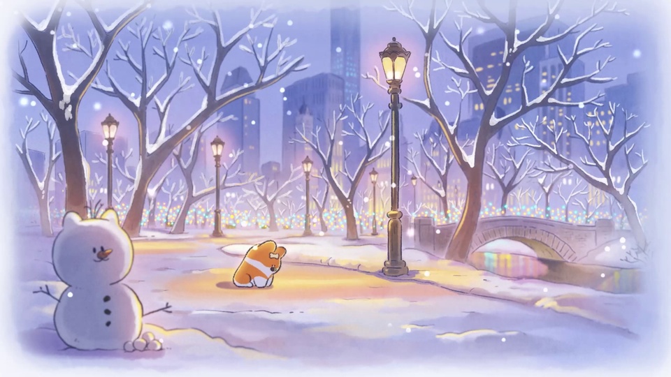 淡调飘雪的冬日公园中，橙白卡通小狗蹲在圆润雪人旁，背景有复古路灯、石拱桥与远处亮灯的城市高楼。