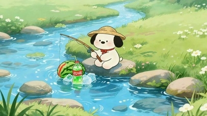 草帽小狗垂钓