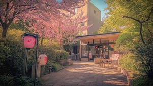 粉樱静谧午后城市商店