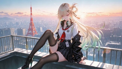 风与夕阳下的少女-琳奈