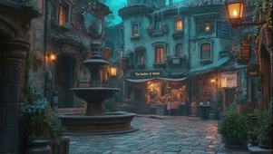 静谧夜晚小镇喷泉建筑