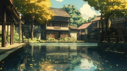 宁静夏日古朴庭院池塘