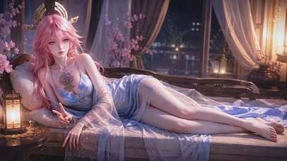 慵懒居家粉发美少女
