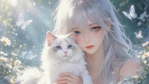 银发女孩和猫咪