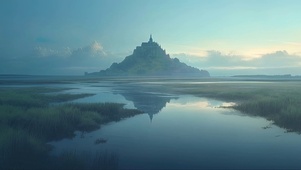 晨雾湿地古堡