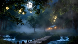 夜景云雾山间双屏