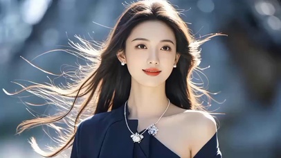 溪旁长发飘动古风美女