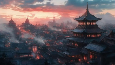 落日晚霞古城宏伟建筑