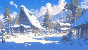 阳光静谧积雪乡村木屋