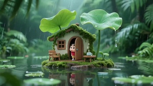 雨天荷塘荷叶下躲雨的小新