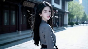 古镇街道上闲逛的长发美女1