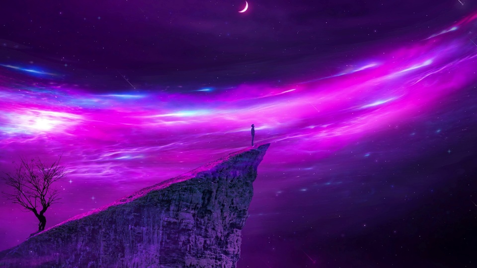 星空悬崖梦幻插画，紫粉蓝渐变星云下悬崖上立着人物剪影，旁有枯树，夜空悬着弯月，流星划过。
