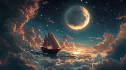 月下帆船梦幻大海夜晚