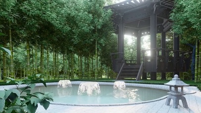 竹林中庭院温泉水声